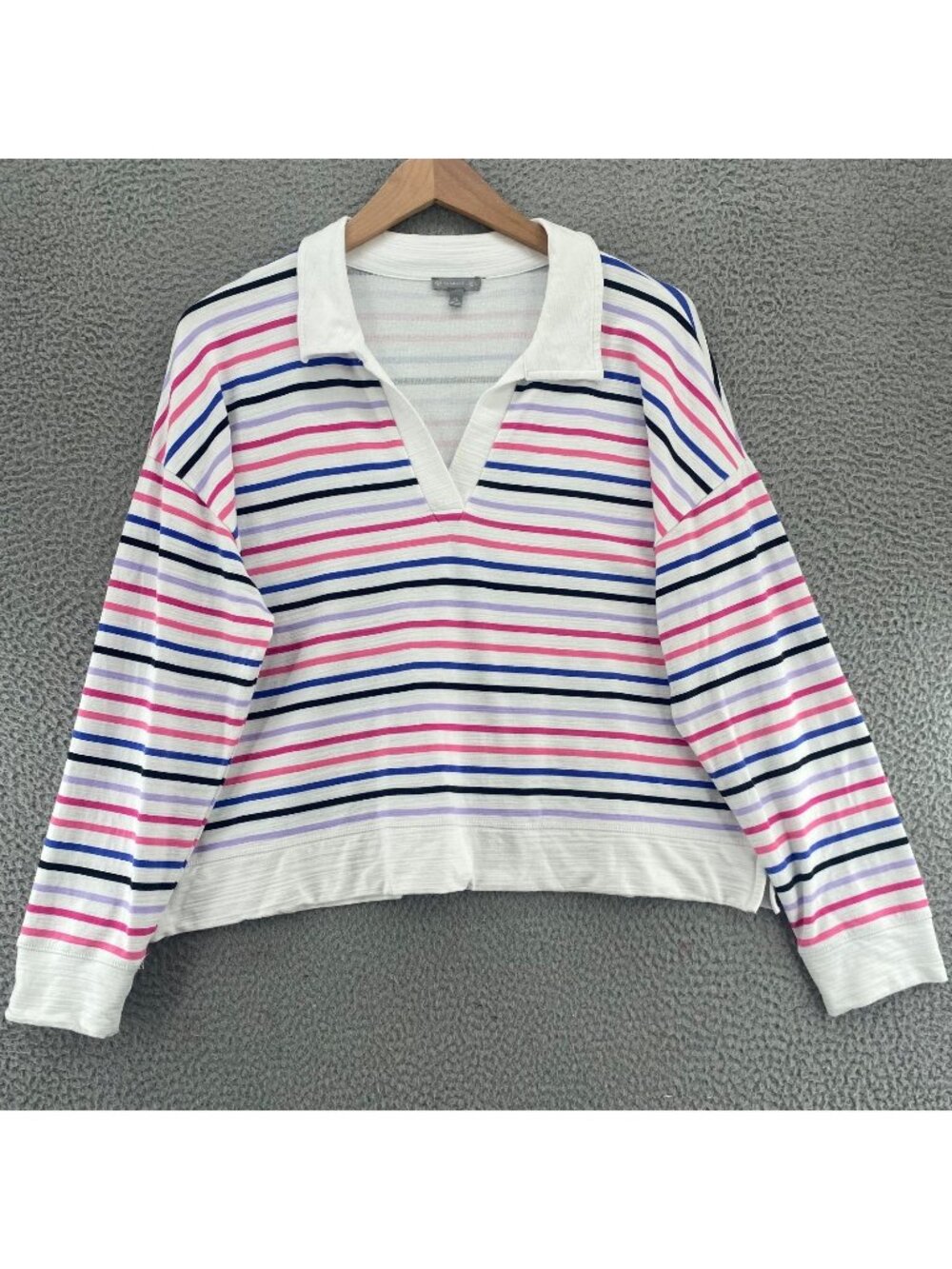 Talbots Top Womens Extra Large White Multi Striped Long Sleeve Collared V Neck